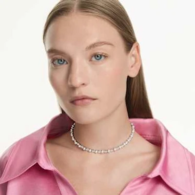 Matrix Tennis necklace, Crystal pearl, Round cut, White, Rhodium plated by SWAROVSKI