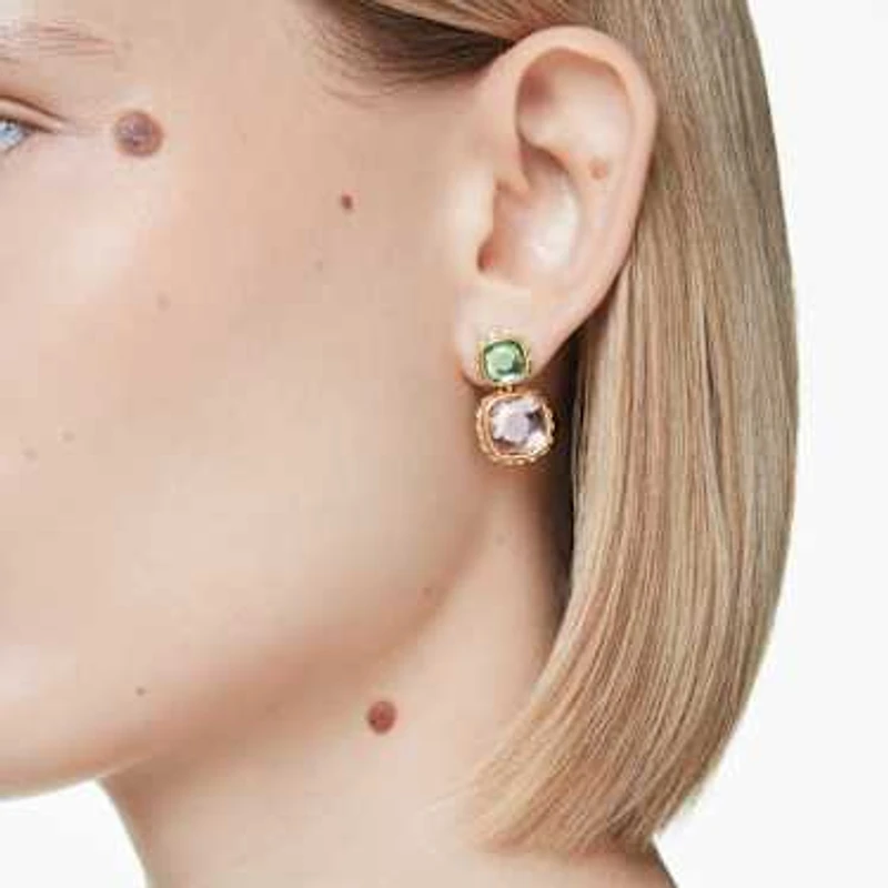 Chroma drop earrings, Cushion cut, Multicolored, Gold-tone plated by SWAROVSKI