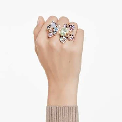 Idyllia ring, Mixed cuts, Pavé, Flower, Multicoloured, Gold-tone plated by SWAROVSKI