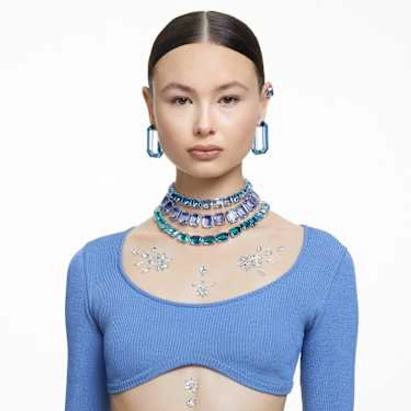 Millenia Tennis necklace, Oversized crystals, Octagon cut, Blue, Rhodium plated by SWAROVSKI