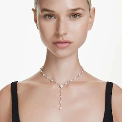 Ariana Grande x Swarovski Y necklace, Mixed cuts, Crystal pearl, Heart, White, Rhodium plated by SWAROVSKI