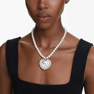 Ariana Grande x Swarovski necklace, Crystal pearl, Heart cut, Heart, White, Rhodium plated by SWAROVSKI