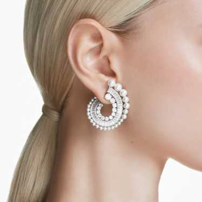 Ariana Grande x Swarovski drop earrings, Crystal Pearl, Mixed cuts, White, Rhodium plated by SWAROVSKI