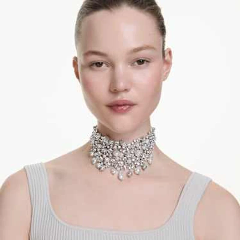 Constella choker, Crystal pearl, Round cut, White, Rhodium plated by SWAROVSKI