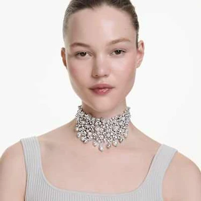 Constella choker, Crystal pearl, Round cut, White, Rhodium plated by SWAROVSKI