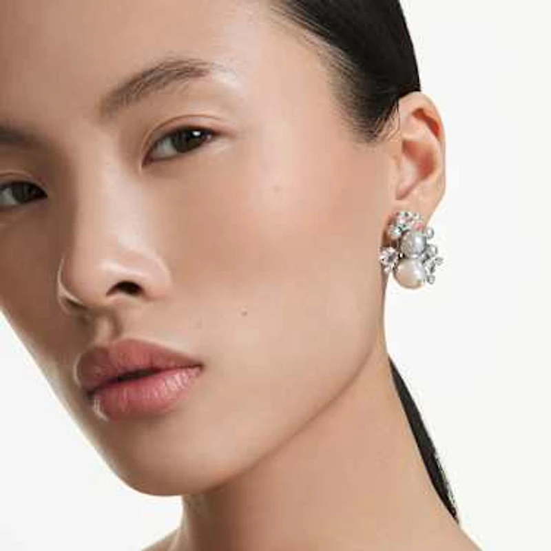 Constella earrings, Crystal pearl, Round cut, White, Rhodium plated by SWAROVSKI