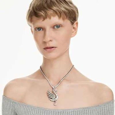 Swan pendant and brooch, Swan, White, Ruthenium plated by SWAROVSKI