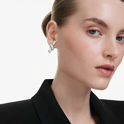 Matrix earrings, Baguette cut, Knot, White, Rhodium plated by SWAROVSKI
