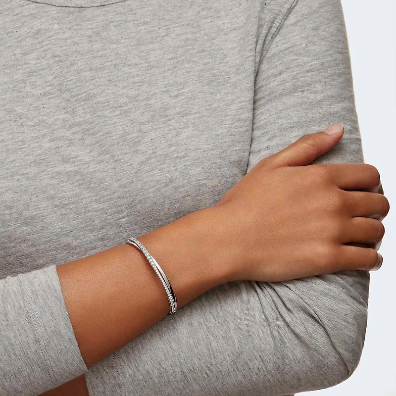 Hyperbola bangle, Round cut, White, Rhodium plated by SWAROVSKI