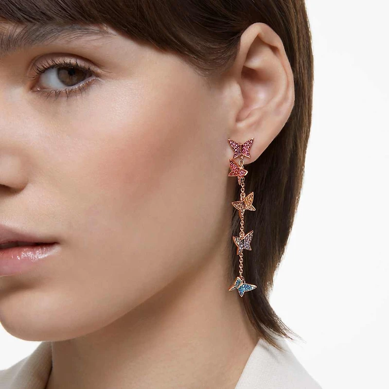 Idyllia Lilia drop earrings, Butterfly, Long, Multicolored, Rose gold-tone plated by SWAROVSKI