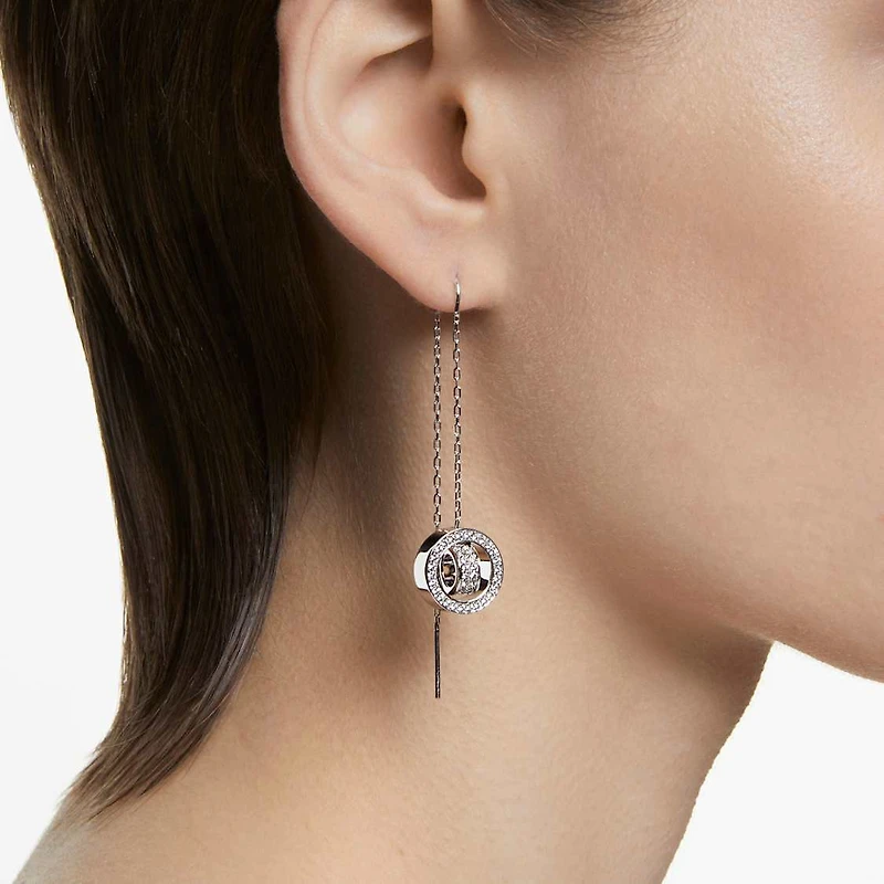Dextera drop earrings, Pavé, Long, White, Rhodium plated by SWAROVSKI