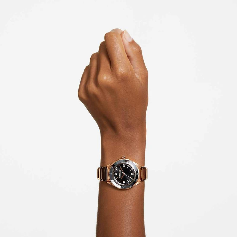 Dextera 3-hand watch, 37mm, Swiss Made, Metal bracelet, Black, Rose gold-tone finish by SWAROVSKI