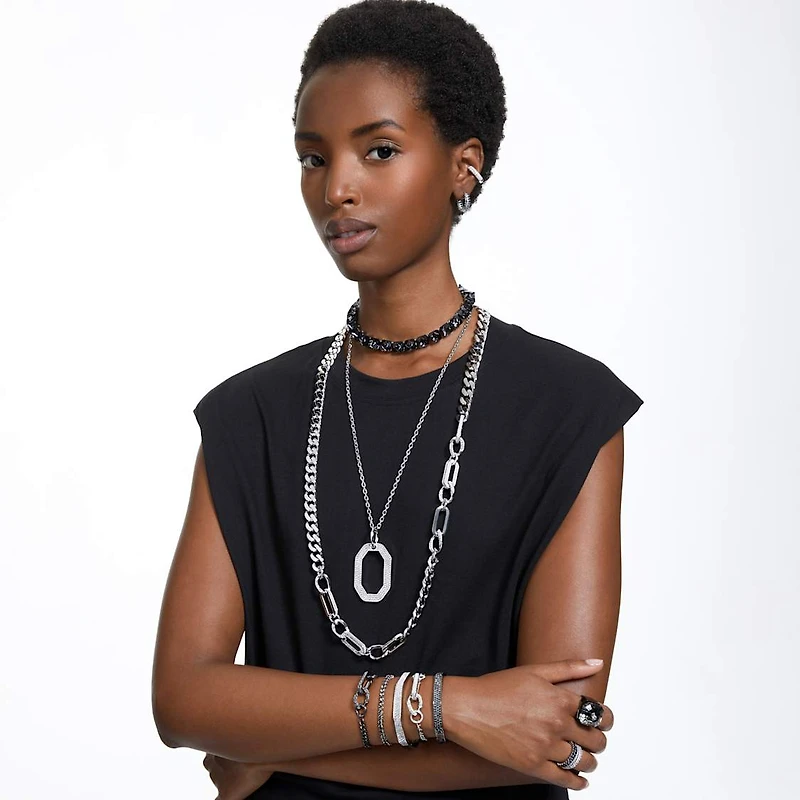 Matrix hoop earrings, Baguette cut, Gray, Ruthenium plated by SWAROVSKI