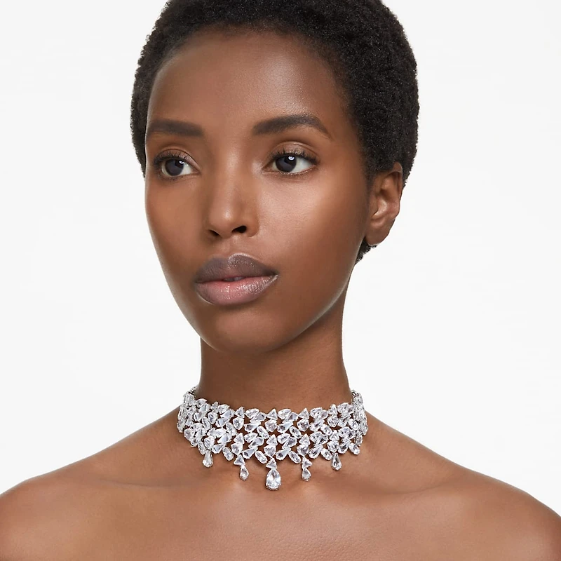 Mesmera choker, Mixed cuts, White, Rhodium plated by SWAROVSKI