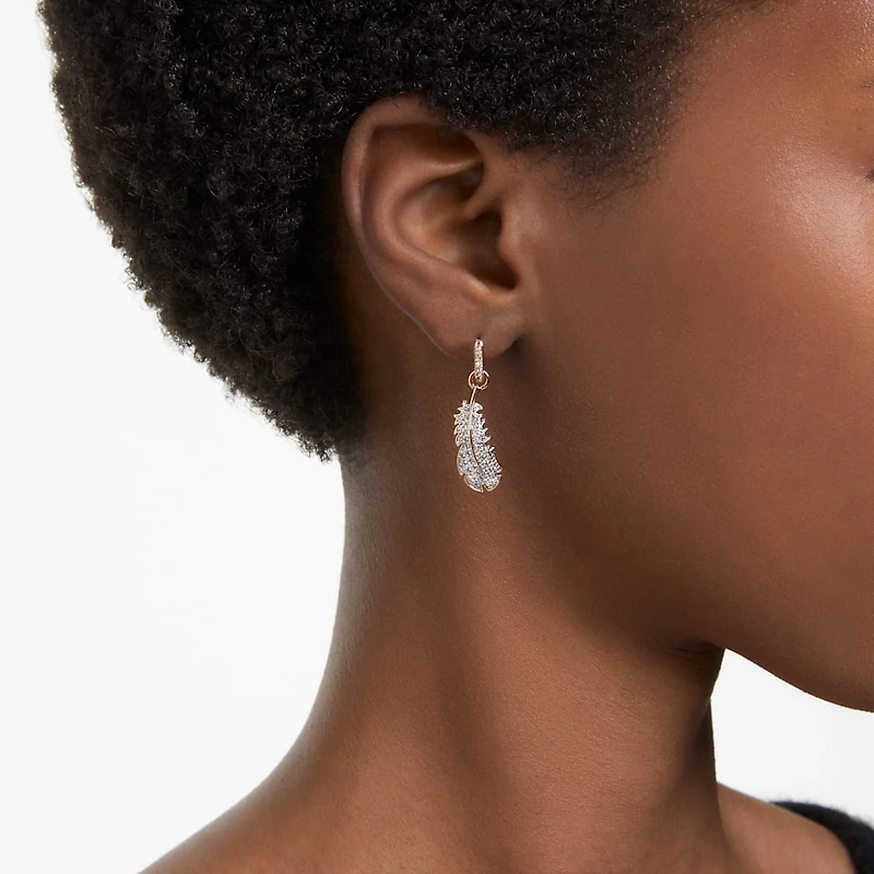 Nice drop earrings, Feather, White, Rose gold-tone plated by SWAROVSKI