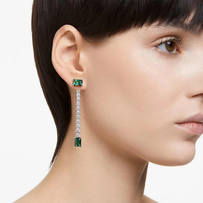 Matrix drop earrings, Mixed cuts, Green, Rhodium plated by SWAROVSKI