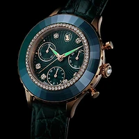 Octea chrono watch, Swiss Made, Leather strap, Green, Rose gold-tone finish by SWAROVSKI