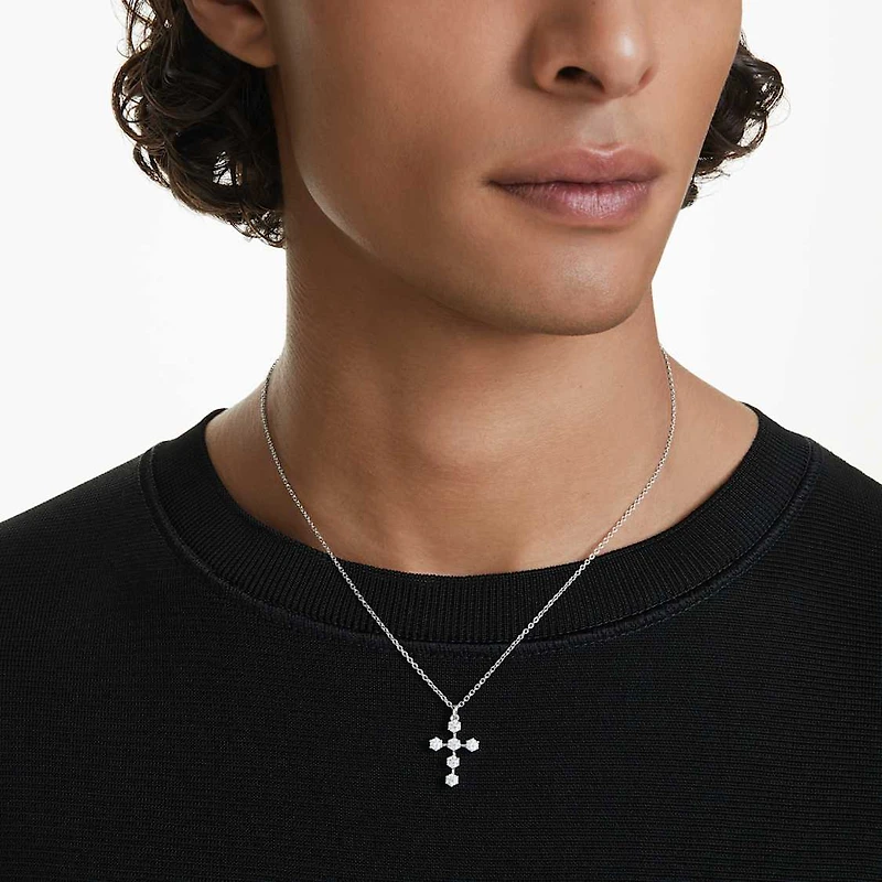 Insigne pendant, Round cut, Cross, White, Rhodium plated by SWAROVSKI