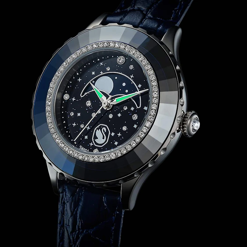 Octea moon watch, Swiss Made, Moon, Leather strap, Blue, Stainless steel by SWAROVSKI