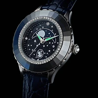 Octea moon watch, Swiss Made, Moon, Leather strap, Blue, Stainless steel by SWAROVSKI
