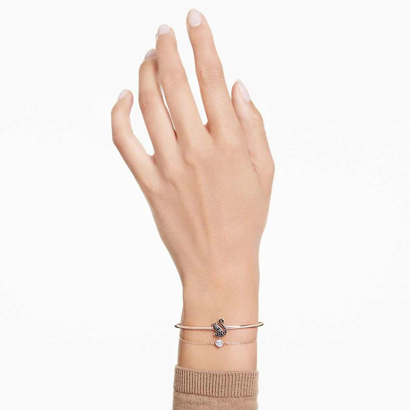 Swan bangle, Swan, Black, Rose gold-tone plated by SWAROVSKI