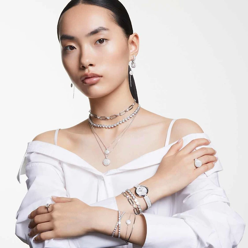 Hyperbola hoop earrings, Infinity, White, Rhodium plated by SWAROVSKI