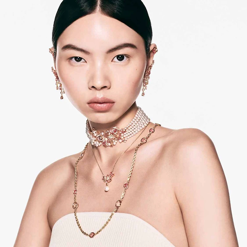 Gema clip earrings, Mixed cuts, Flower, Pink, Gold-tone plated by SWAROVSKI