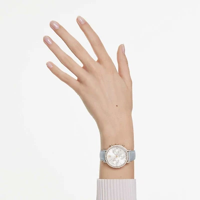 Matrix tennis chrono watch, Swiss Made, Leather strap, Grey, Champagne gold-tone finish by SWAROVSKI