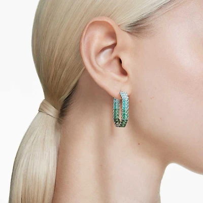 Matrix hoop earrings, Baguette cut, Octagon shape, Color gradient, Green, Rhodium plated by SWAROVSKI