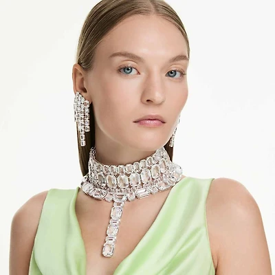 Millenia clip earrings, Octagon cut, Chandelier, White, Rhodium plated by SWAROVSKI