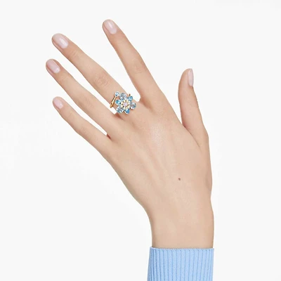Idyllia open ring, Mixed cuts, Flower, Blue, Gold-tone plated by SWAROVSKI