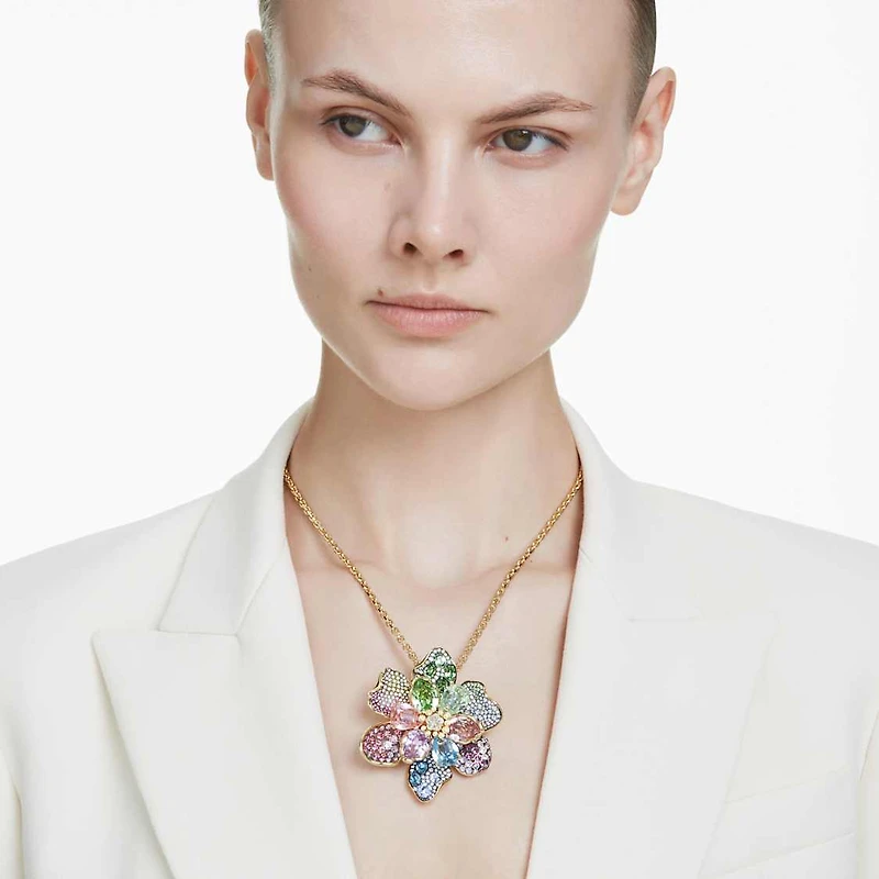 Idyllia pendant and brooch, Mixed cuts, Pavé, Flower, Multicolored, Gold-tone plated by SWAROVSKI