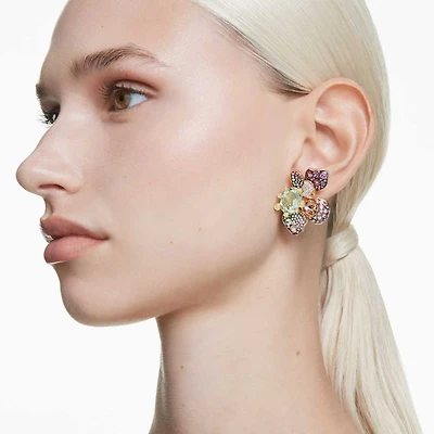 Idyllia clip earrings, Asymmetrical design, Mixed cuts, Pavé, Flower, Multicolored, Gold-tone plated by SWAROVSKI