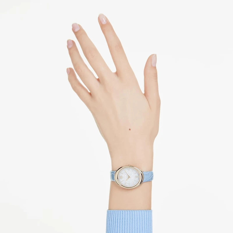 Imber oval watch, Swiss Made, Leather strap, Blue, Champagne gold-tone finish by SWAROVSKI