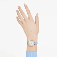 Imber oval watch, Swiss Made, Leather strap, Blue, Champagne gold-tone finish by SWAROVSKI