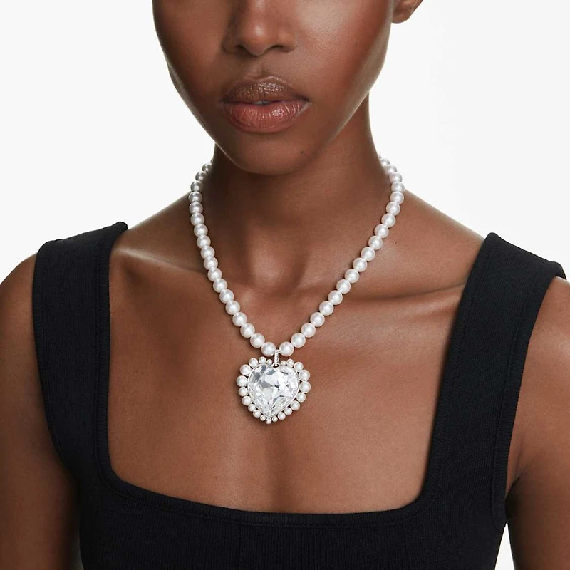 Ariana Grande x Swarovski necklace, Crystal pearl, Heart cut, Heart, White, Rhodium plated by SWAROVSKI