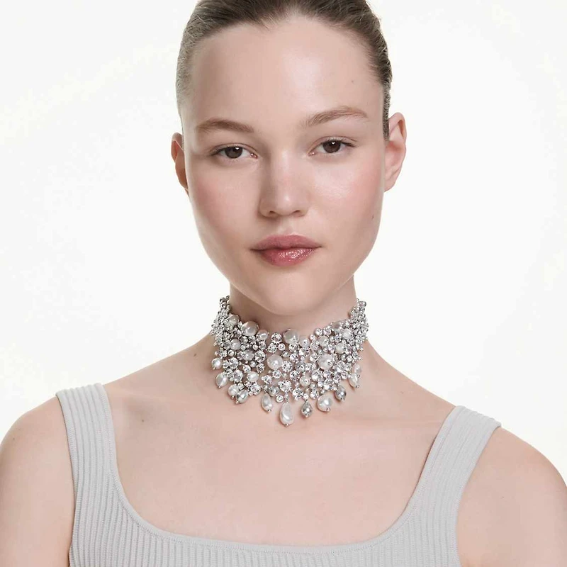 Constella choker, Crystal pearl, Round cut, White, Rhodium plated by SWAROVSKI