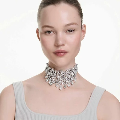 Constella choker, Crystal pearl, Round cut, White, Rhodium plated by SWAROVSKI