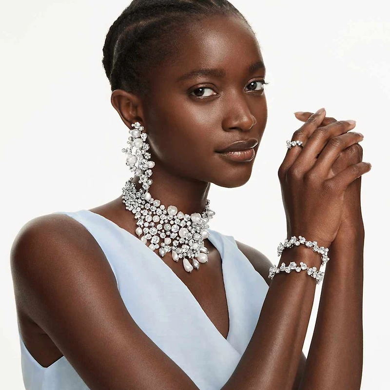 Constella choker, Crystal pearl, Round cut, White, Rhodium plated by SWAROVSKI