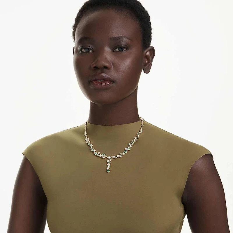 Constella Y necklace, Mixed cuts, Green, Gold-tone plated by SWAROVSKI