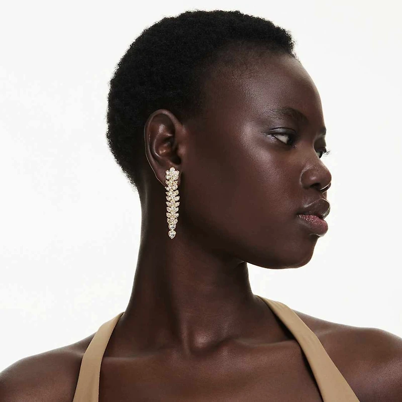 Idyllia drop earrings, Mixed cuts, Long, White, Gold-tone plated by SWAROVSKI