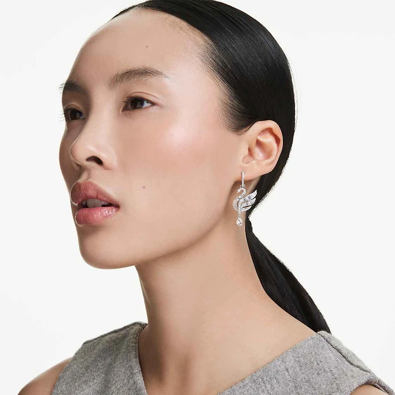 Swan earrings, Swan, White, Rhodium plated by SWAROVSKI