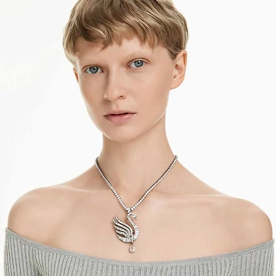 Swan pendant and brooch, Swan, White, Ruthenium plated by SWAROVSKI