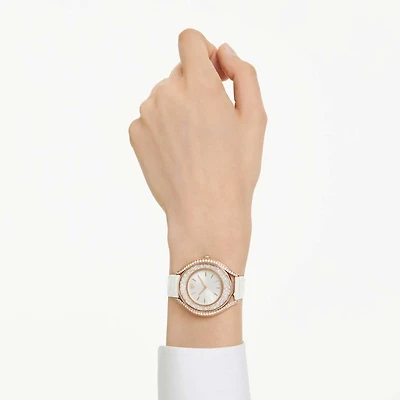 Crystalline aura watch, Swiss Made, Leather strap, White, Rose gold-tone finish by SWAROVSKI