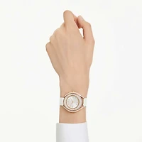 Crystalline aura watch, Swiss Made, Leather strap, White, Rose gold-tone finish by SWAROVSKI
