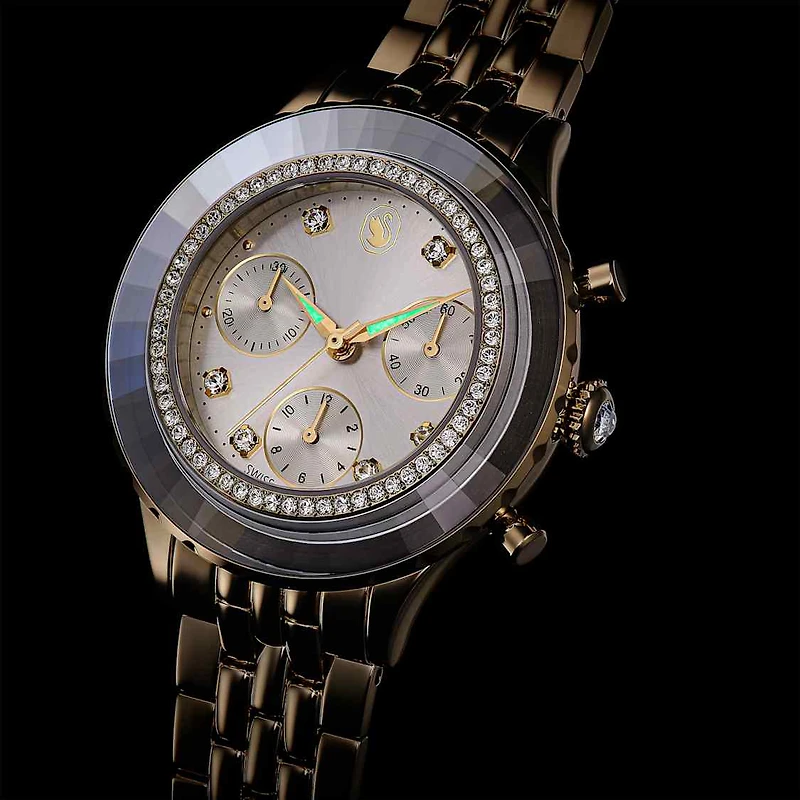 Octea chrono watch, Swiss Made, Metal bracelet, Gold tone, Champagne gold-tone finish by SWAROVSKI