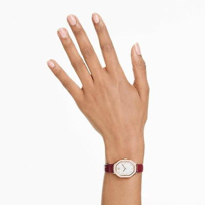 Dextera octagon watch, Swiss Made, Leather strap, Red, Rose gold-tone finish by SWAROVSKI