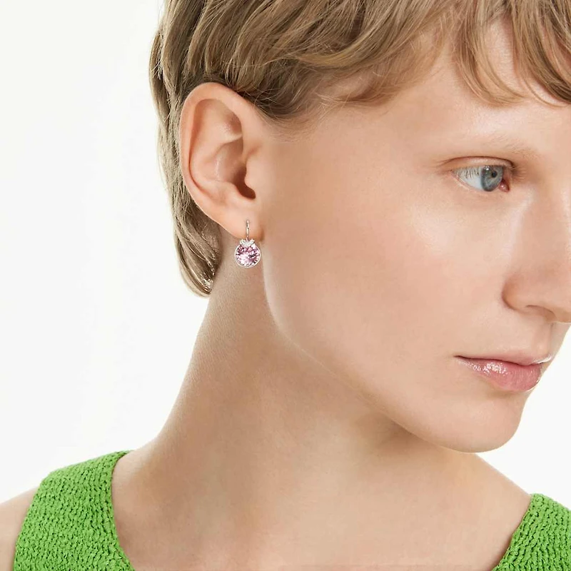 Bella V drop earrings, Round cut, Pink, Rhodium plated by SWAROVSKI