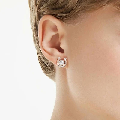 Symbolica stud earrings, Crystal pearl, Pavé, Horseshoe, White, Rose gold-tone plated by SWAROVSKI