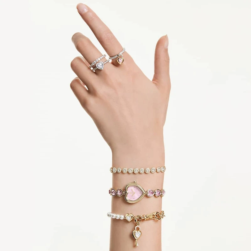 Idyllia Heart watch, Crystal bracelet, Pink, Gold-tone finish by SWAROVSKI